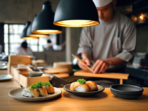 Sushi chef preparing fresh nigiri at modern Japanese restaurant counter, warm lighting, focused atmosphere, culinary artistry