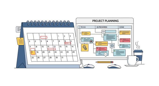 Hand drawn illustration of project planning and scheduling tools.