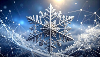 Intricate snowflake on a network backdrop, shimmering with light. Cold wintery concept, bright, glowing atmosphere