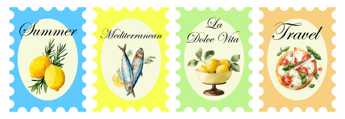 Vintage Italian postcard with margherita, olives, coastal landscape, seafood and summer beach color, Mediterranean cuisine art for print and decor. © Narin