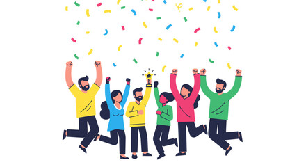 Diverse group of people celebrating success with a trophy and confetti.