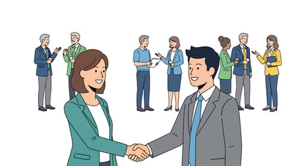 Business handshake agreement between two professionals in a corporate setting.