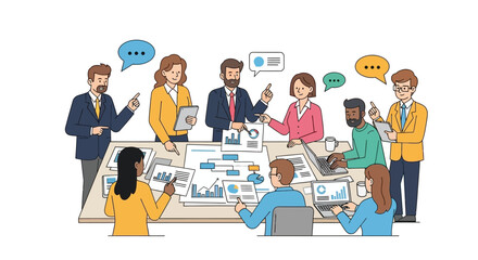 Diverse business team collaborating in a modern office meeting.