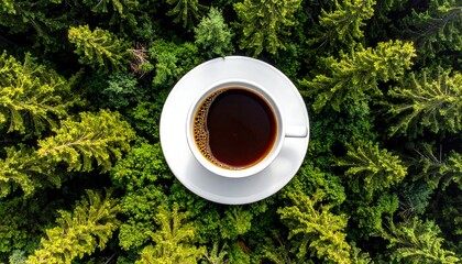 Aerial view of a cup of coffee on a saucer amidst lush green trees, creating contrast and nature theme