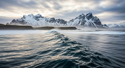 Obraz premium Iceland landscape photography of stokksnes mountains and ocean waves view