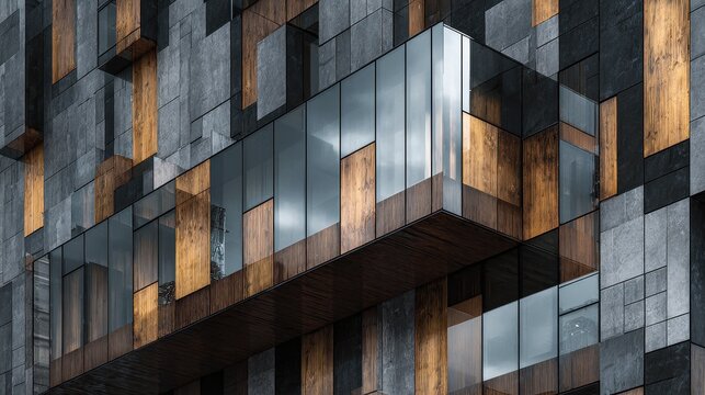 Modern building facade featuring cantilevered glass sections and contrasting wood and stone panels. - Powered by Adobe