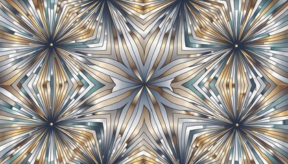 Intricate, symmetrical, star-like shapes in shades of gold, teal, and silver radiate from central dark dots