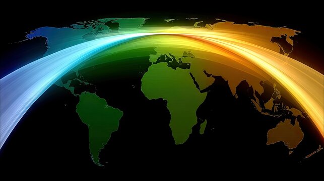 A stylized world map with continents in green, overlaid by vibrant, flowing streaks of light in blue, green, yellow, and orange against a black background.