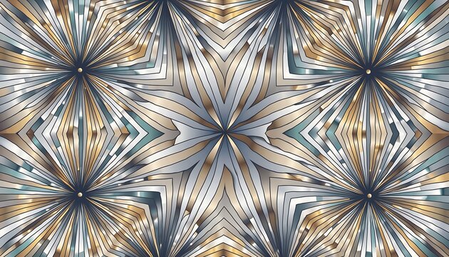 Intricate, symmetrical, star-like shapes in shades of gold, teal, and silver radiate from central dark dots