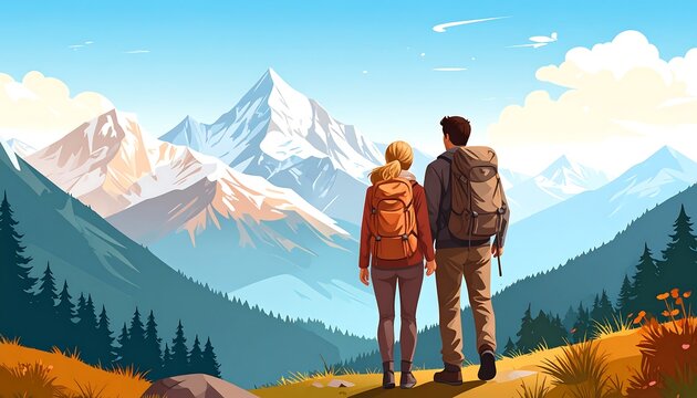 Couple stands admiring a scenic mountain vista. Bright, colorful, stylized, cartoon-like illustration - Powered by Adobe