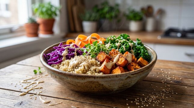 Nourishing grain bowl with roasted sweet potato, kale, and red cabbage drizzled with creamy tahini dressing on a rustic wood table for a healthy meal - Powered by Adobe