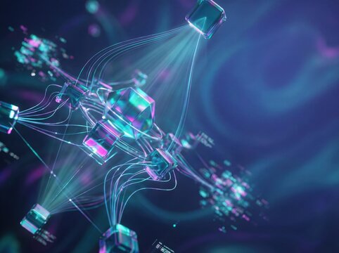 Explore vibrant interconnected network nodes for blockchain technology and modern data visualization projects, showcasing digital connectivity and futuristic design