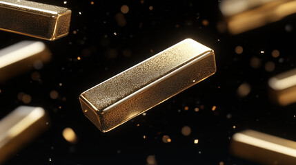 Floating shiny gold bar with glitter texture and soft bokeh lighting creating luxurious warm atmosphere