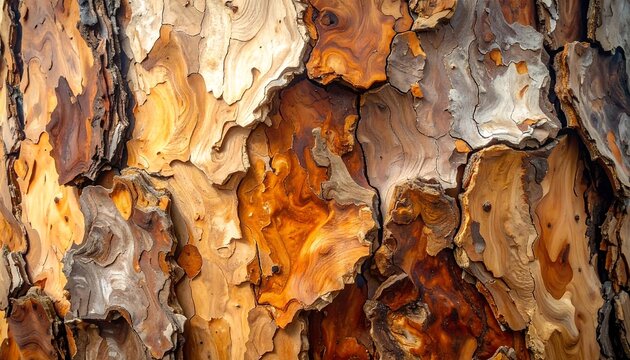 Close-up view showcases intricate patterns and rich colors of tree bark, creating a textured, organic abstraction