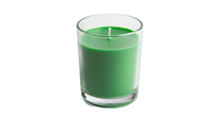 A vibrant green scented candle in a clear glass holder, ready to be lit for relaxation, ambiance, or a special occasion, isolated on transparent background