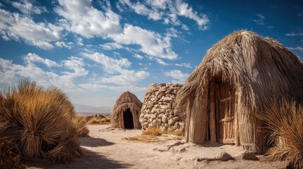 Traditional straw and stone huts in an ethnographic village scene.