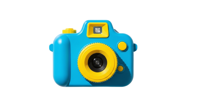 A vibrant blue and yellow toy camera, designed for childrens imaginative play and photography, is isolated on a transparent background, symbolizing youthful creativity and fun