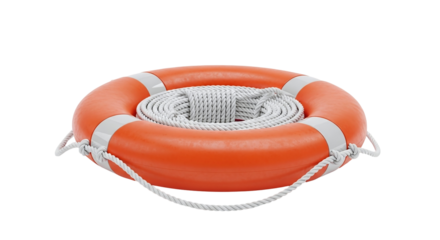 An orange lifebuoy, also known as a life preserver or life ring, with a coiled white rope, symbolizing safety, rescue, and emergency preparedness, isolated on a transparent background