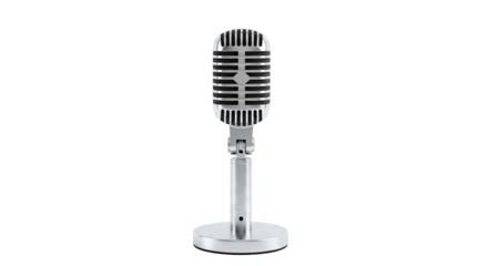 A classic vintage silver microphone with a retro design, standing upright on a sleek stand, isolated on a clean transparent background, evoking nostalgia for oldschool broadcasting and music