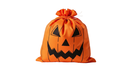 A festive orange fabric drawstring bag featuring a spooky jackolantern design, ideal for holding candy and gifts during halloween celebrations, isolated on transparent background