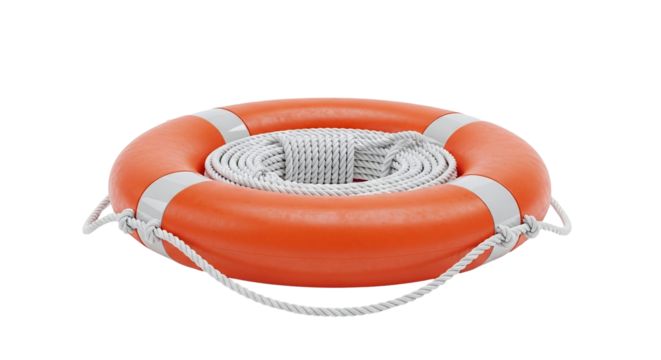 An orange lifebuoy, also known as a life preserver or life ring, with a coiled white rope, symbolizing safety, rescue, and emergency preparedness, isolated on a transparent background