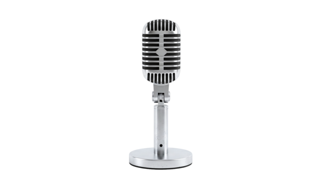 A classic vintage silver microphone with a retro design, standing upright on a sleek stand, isolated on a clean transparent background, evoking nostalgia for oldschool broadcasting and music
