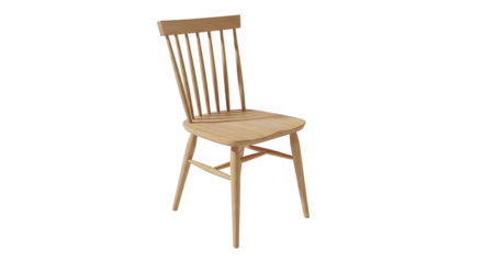 A classic wooden dining chair with a spindle back, crafted from light natural wood, featuring sturdy legs and a timeless design, perfect for home or restaurant, isolated on transparent background