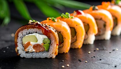 Row of vibrant, neatly arranged sushi rolls with salmon and avocado on a dark surface, and a leafy background