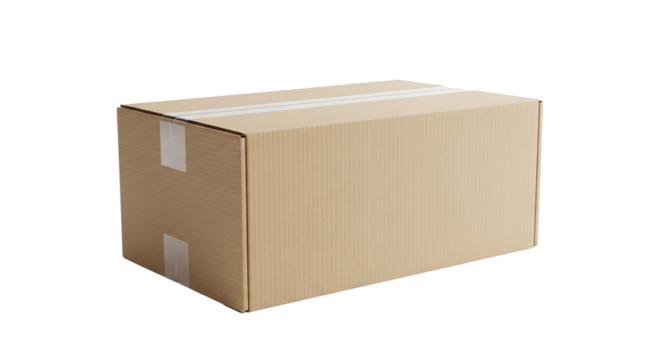 A brown cardboard shipping box, sealed with tape, ready for delivery or storage, presented on a clean transparent background, isolated on transparent background