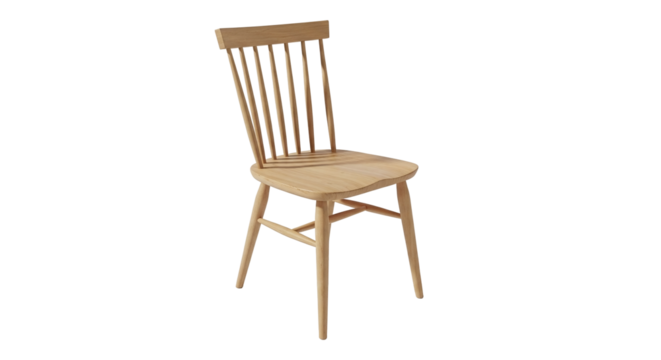 A classic wooden dining chair with a spindle back, crafted from light natural wood, featuring sturdy legs and a timeless design, perfect for home or restaurant, isolated on transparent background