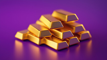 Golden bars stacked in pyramid on purple background with reflective surface, warm metallic texture and dramatic lighting conveying luxury and value