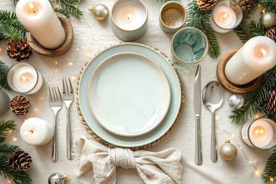 A festive holiday table setting with candles, pine branches, ornaments, and elegant dinnerware arranged in a warm and cozy Christmas atmosphere. Top niew