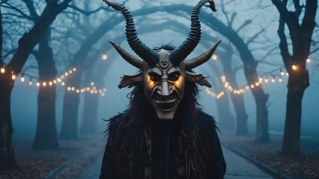 Krampus monster standing on a snowy cobblestone street at night, people gathering with torches during a winter Christmas festival, representing ancient alpine folklore and traditions