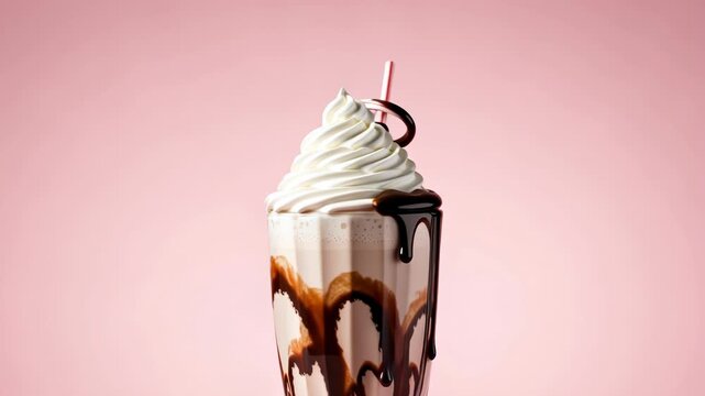 Delicious chocolate milkshake with whipped cream and a striped straw against a pink background, 4k video