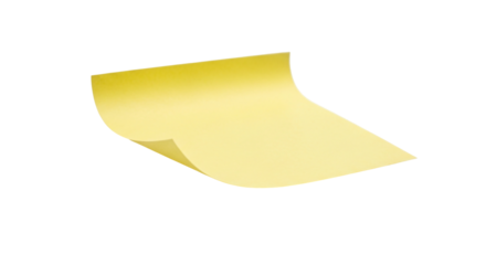 A single yellow sticky note, blank and ready for a message, with curled edges, isolated on a transparent background, symbolizing reminders, organization, and communication