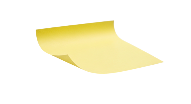 A single yellow sticky note, blank and ready for a message, with curled edges, isolated on a transparent background, symbolizing reminders, organization, and communication