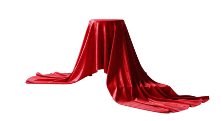 Elegant red satin fabric flowing gracefully over a hidden form, suggesting a grand reveal or a special presentation, isolated on transparent background