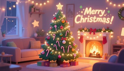 Christmas tree with gifts in a cozy living room decorated for the holiday. Festive winter scene for greeting card, banner, or background.