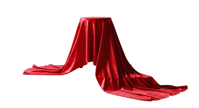 Elegant red satin fabric flowing gracefully over a hidden form, suggesting a grand reveal or a special presentation, isolated on transparent background