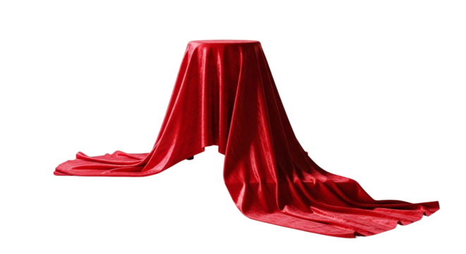 Elegant red satin fabric flowing gracefully over a hidden form, suggesting a grand reveal or a special presentation, isolated on transparent background