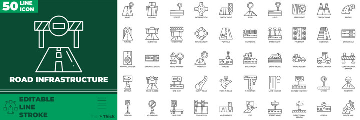 Road Infrastructure Line Editable Icons set