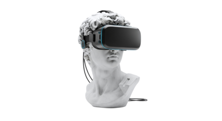 A classical marble bust, resembling david, wearing a modern virtual reality headset, symbolizing the blend of ancient art with cuttingedge digital technology, isolated on transparent background