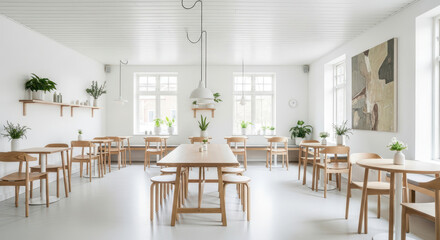 Minimalist interior of a light filled cafe with wooden furniture and plants