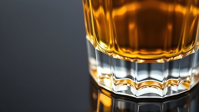 schnapps. Golden schnapps liquid in a crystal glass, light refraction on a dark surface, minimalist style. bar promotions, beverage menus, designed for product packaging and bar promotions.