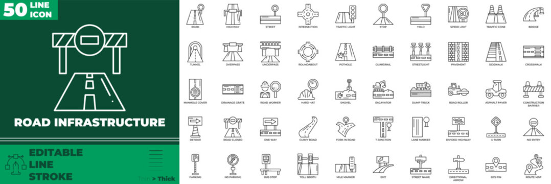 Road Infrastructure Line Editable Icons set