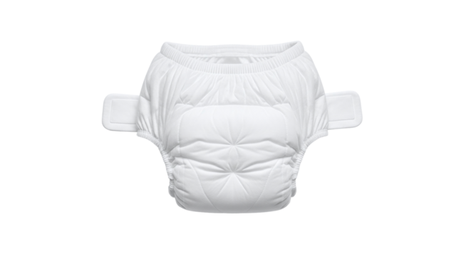 A clean, white, disposable baby diaper with adjustable tabs, designed for comfort and absorbency, essential for infant care and hygiene, isolated on transparent background