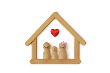 Wooden pawn family in a house made of wooden sticks on white background- Love and family union concept