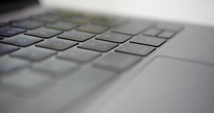 Aluminum Laptop Close-Up With Manager Using Touchpad Clicking Responsive Buttons Typing Productivity Workflow Office Technology Real Interaction Close-Up Hands On Device For Work Or Study