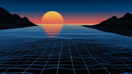Stunning digital sunset over a tranquil ocean with retro grid and mountains, perfect for futuristic designs - Powered by Adobe