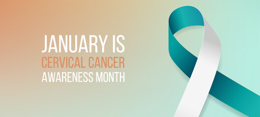 Cervical cancer awareness month banner with teal and white ribbon awareness and text. Vector illustration.